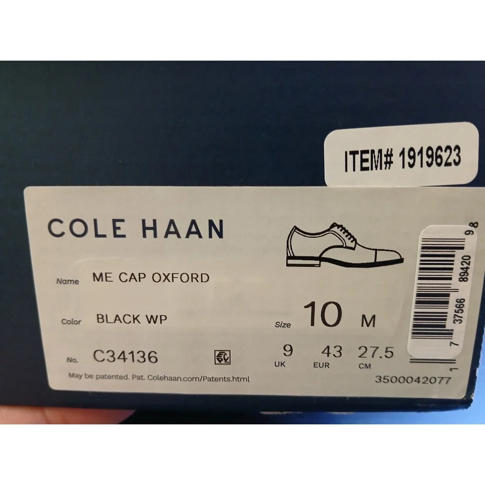 Cole Haan Mens ME Cap Oxford Black Waterproof Leather Dress Shoes C34136 Size 10